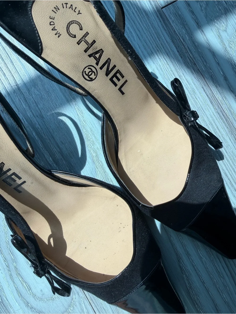 CHANEL Black Patent & Fabric Slingback Heels with Bow Accent